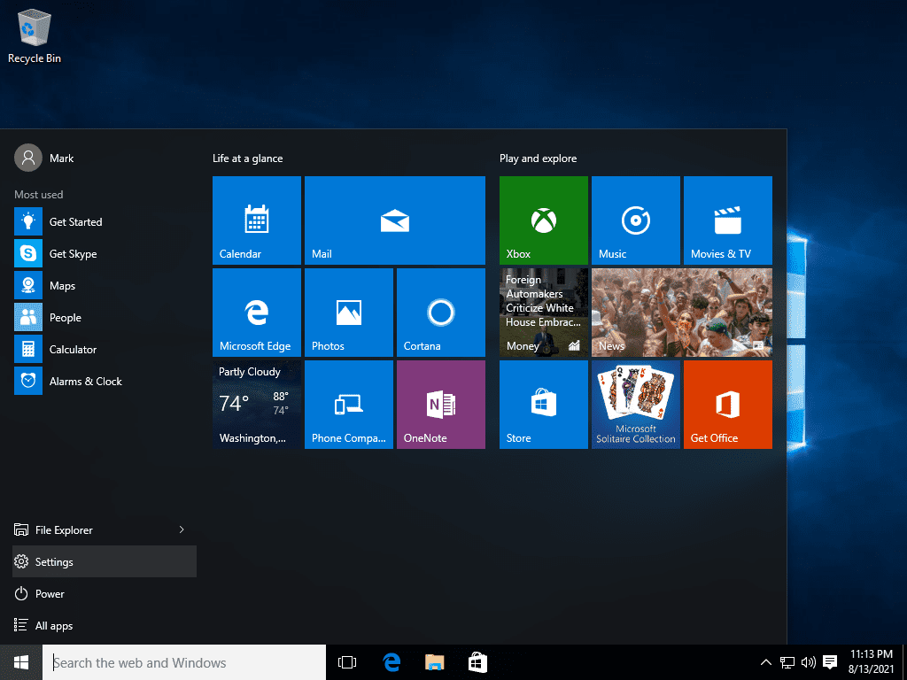 Windows 10 Settings on menu