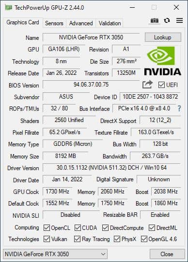 RTX 3050 GPU-Z