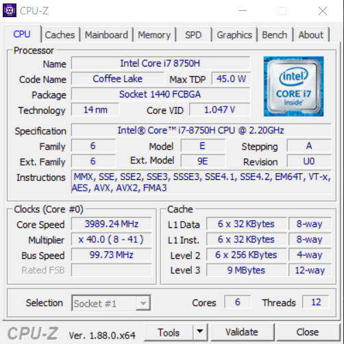 Core i7-8750H CPU-Z