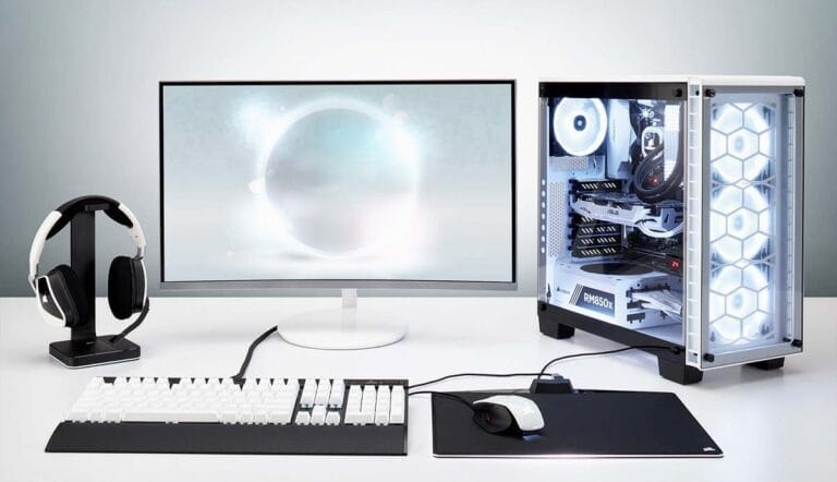 White gaming setup PC game build top components white pc